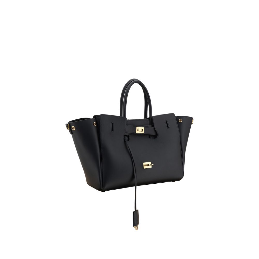 Black handbag with gold accents on a white background