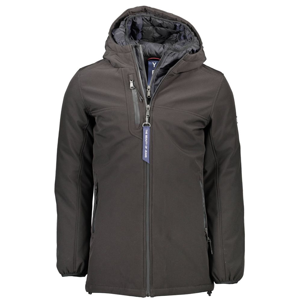 Dark gray jacket with a hood on a white background