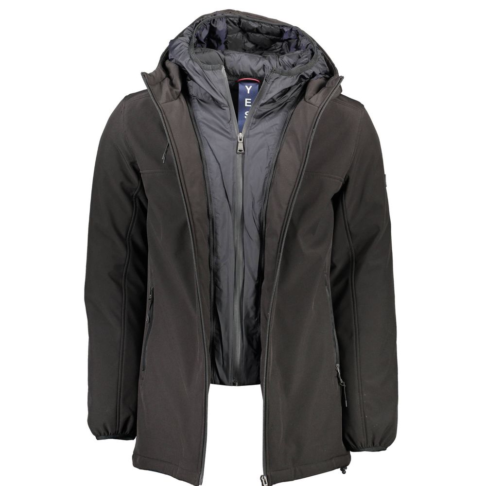 Black jacket with a hood on a white background