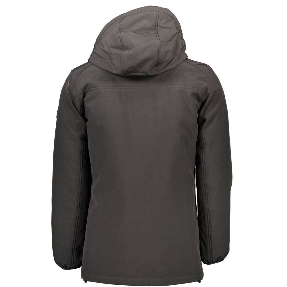 Dark gray jacket with a hood on a white background