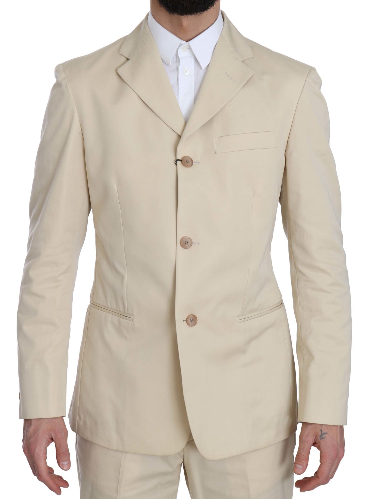 Romeo Gigli Two Piece 3 Button Beige Cotton Solid Suit $916.00 Romeo Gigli Luzworld