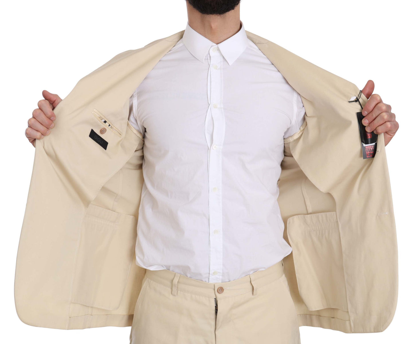 Romeo Gigli Two Piece 3 Button Beige Cotton Solid Suit $916.00 Romeo Gigli Luzworld
