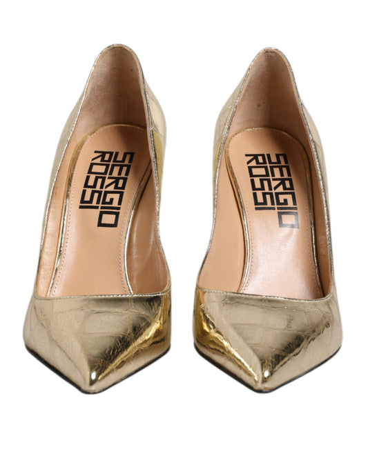 Sergio Rossi Gold Leather Pointed Toe Block Heels Shoes $1483.00 Sergio Rossi Luzworld