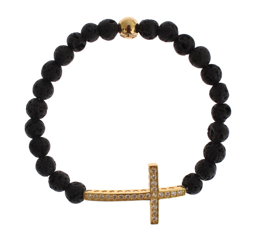 Nialaya Lava Stone Gold Clear CZ Cross 925 Silver Bracelet $603.00 Nialaya Luzworld