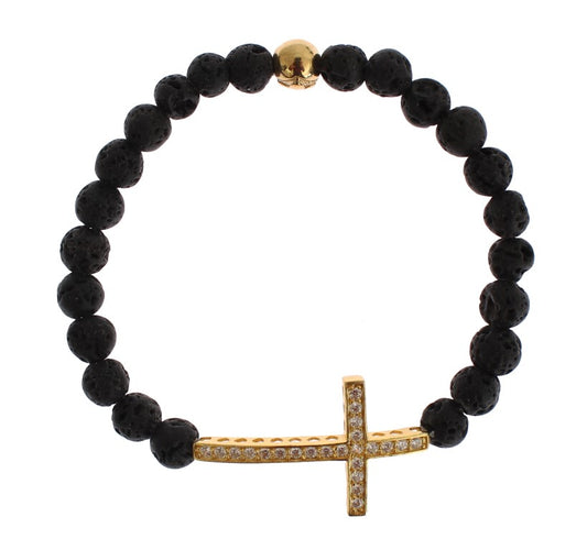 Nialaya Lava Stone Gold Clear CZ Cross 925 Silver Bracelet $603.00 Nialaya Luzworld