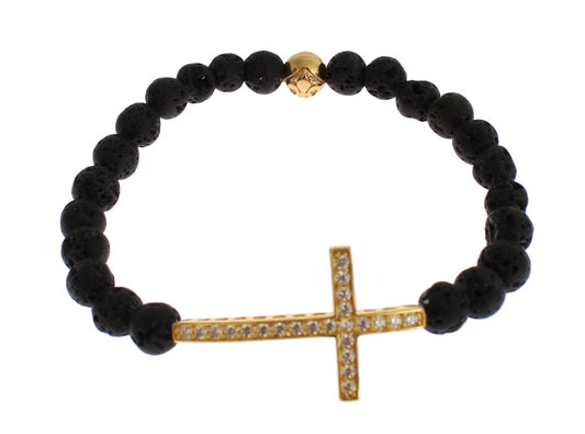 Nialaya Lava Stone Gold Clear CZ Cross 925 Silver Bracelet $603.00 Nialaya Luzworld