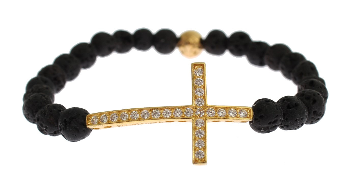 Nialaya Lava Stone Gold Clear CZ Cross 925 Silver Bracelet $603.00 Nialaya Luzworld