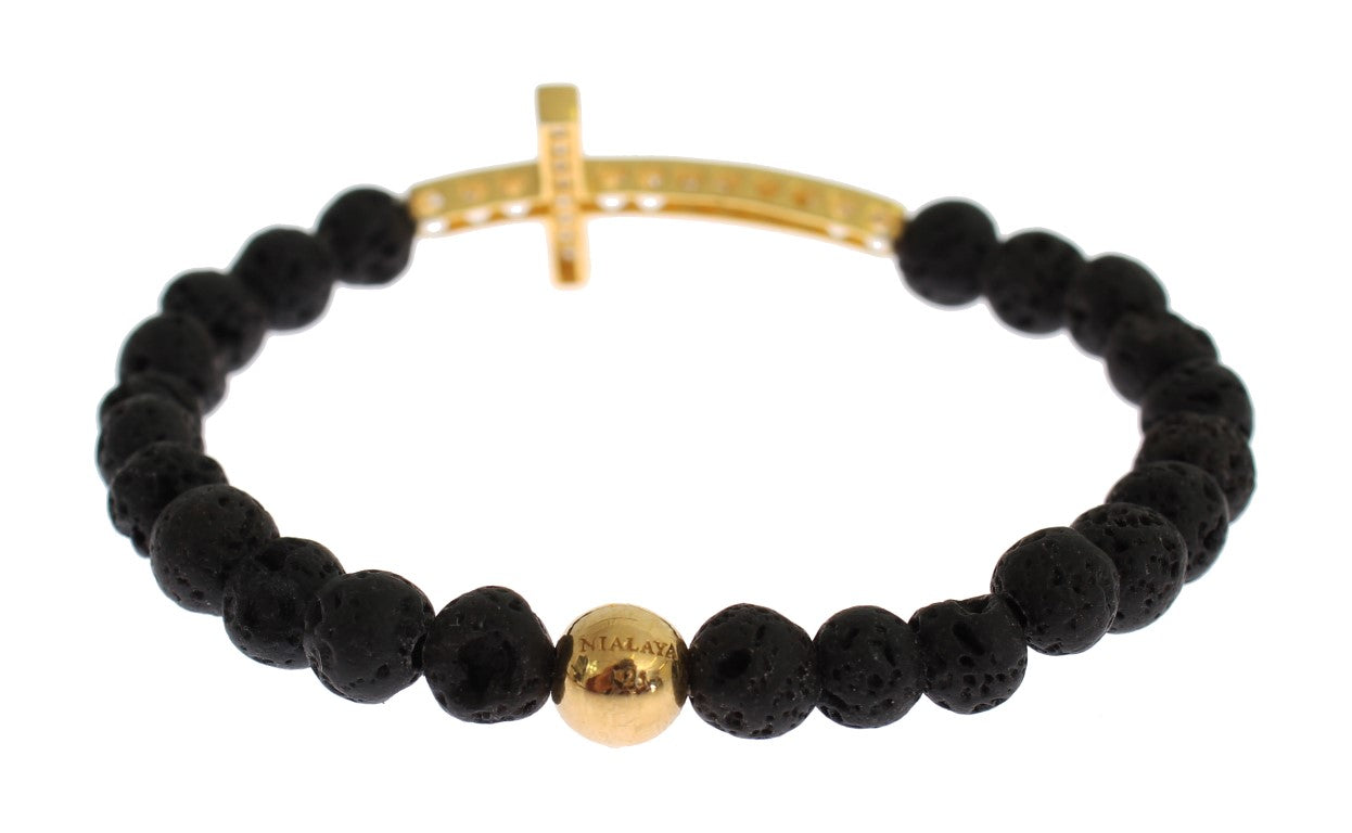 Nialaya Lava Stone Gold Clear CZ Cross 925 Silver Bracelet $603.00 Nialaya Luzworld
