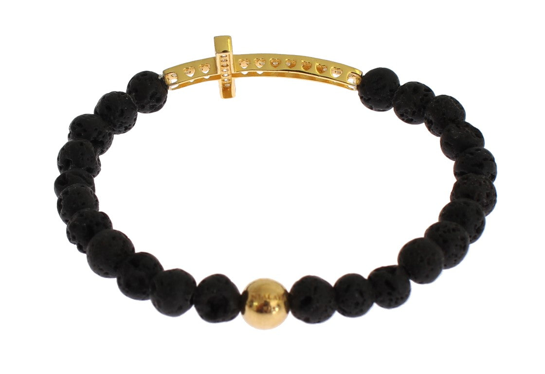 Nialaya Lava Stone Gold Clear CZ Cross 925 Silver Bracelet $603.00 Nialaya Luzworld