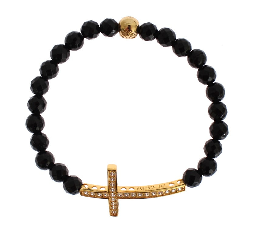 Nialaya Agate Stone Gold CZ Cross 925 Silver Bracelet $603.00 Nialaya Luzworld