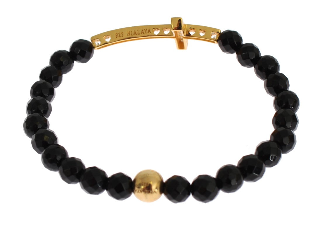 Nialaya Agate Stone Gold CZ Cross 925 Silver Bracelet $603.00 Nialaya Luzworld