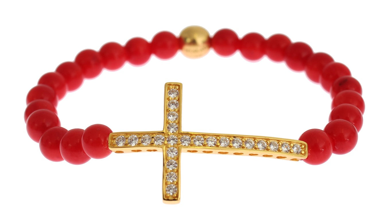 Nialaya Red Coral Gold CZ Cross 925 Silver Bracelet $603.00 Nialaya Luzworld
