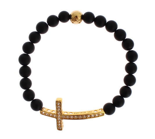 Nialaya Matte Onyx Stone Gold CZ Cross 925 Silver Bracelet $603.00 Nialaya Luzworld