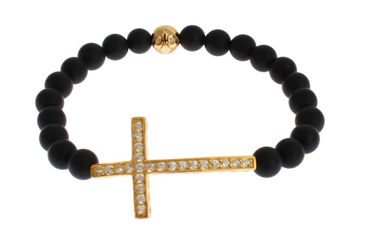 Nialaya Matte Onyx Stone Gold CZ Cross 925 Silver Bracelet $603.00 Nialaya Luzworld