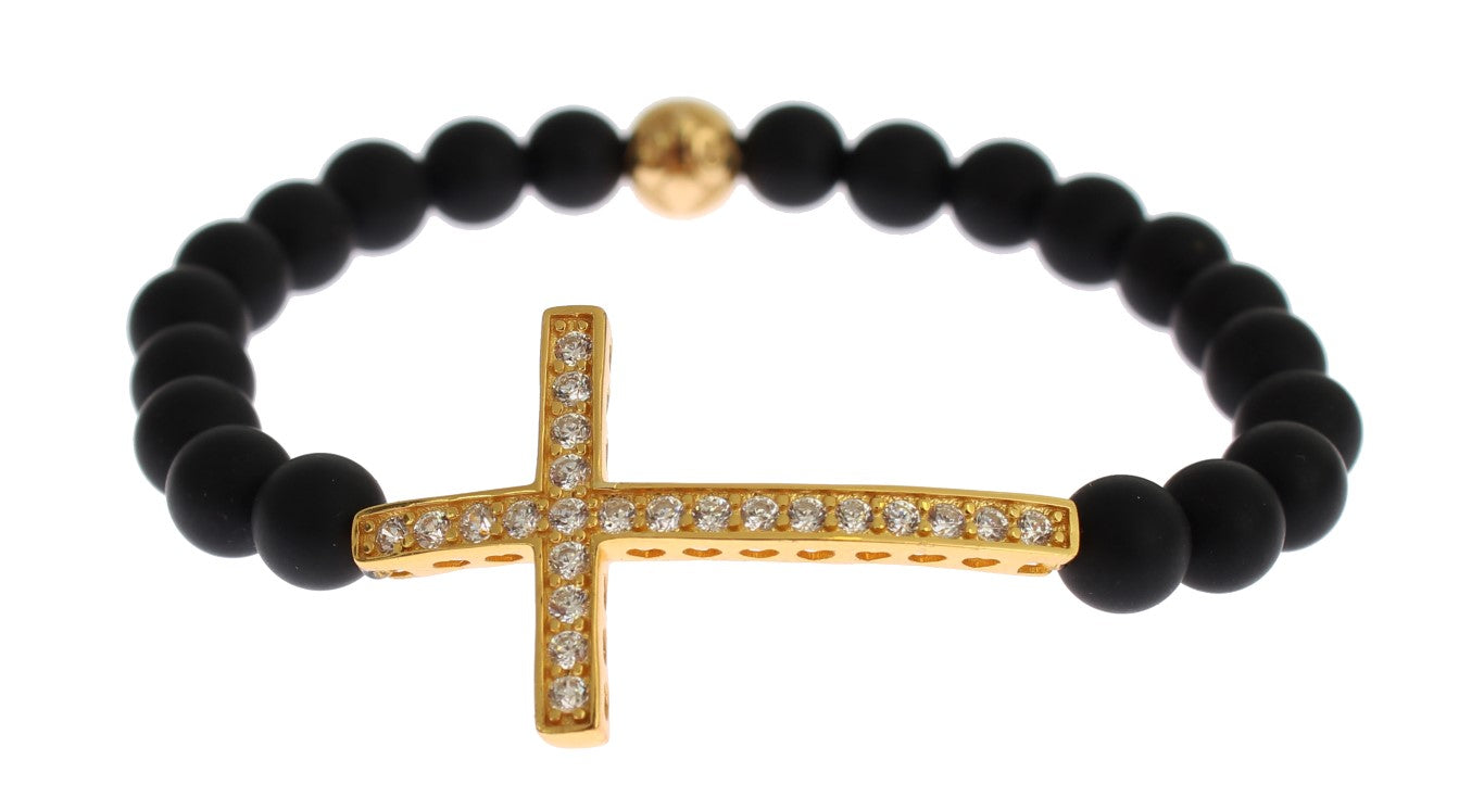 Nialaya Matte Onyx Stone Gold CZ Cross 925 Silver Bracelet $603.00 Nialaya Luzworld