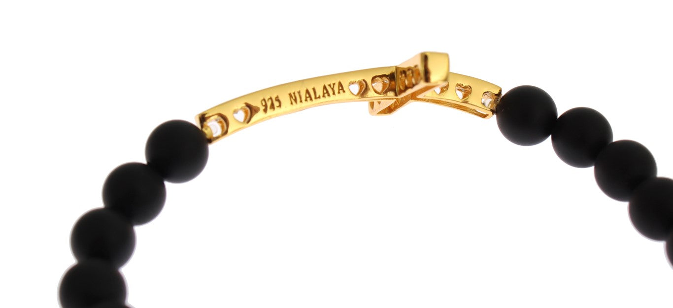 Nialaya Matte Onyx Stone Gold CZ Cross 925 Silver Bracelet $603.00 Nialaya Luzworld