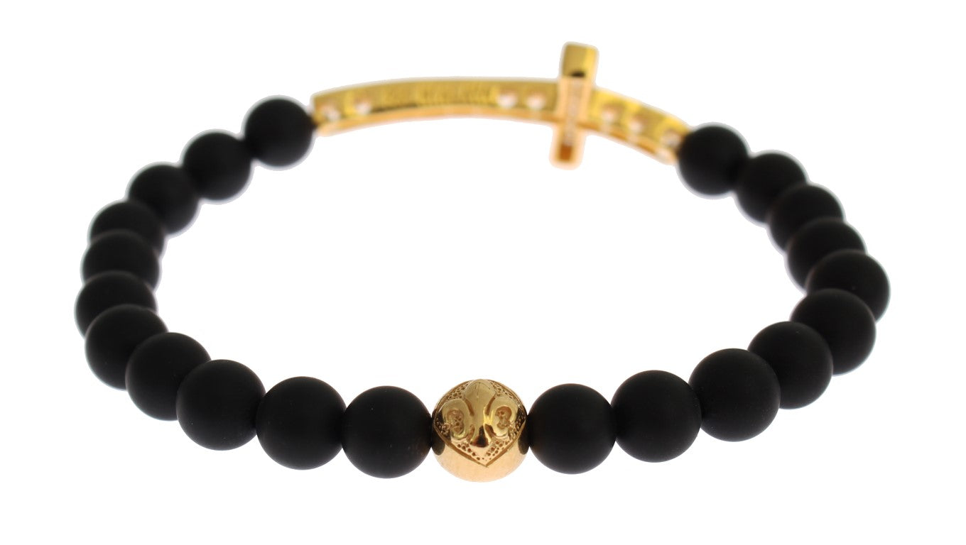 Nialaya Matte Onyx Stone Gold CZ Cross 925 Silver Bracelet $603.00 Nialaya Luzworld