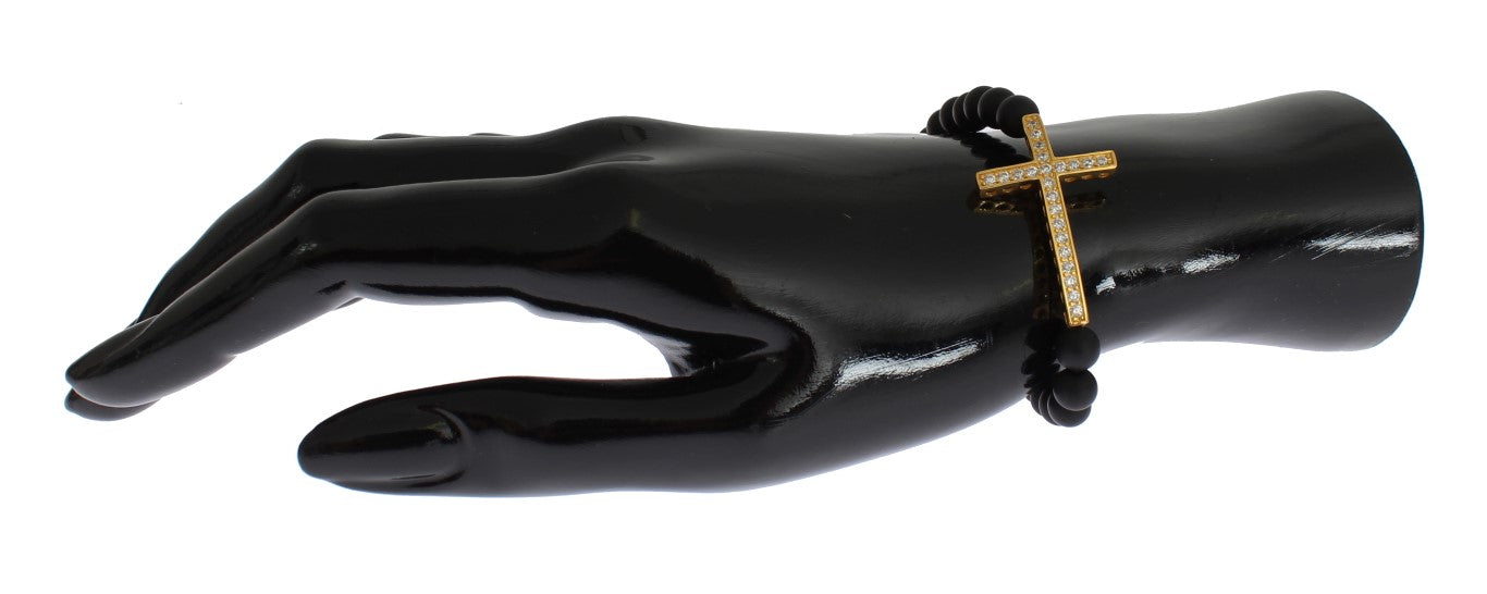 Nialaya Matte Onyx Stone Gold CZ Cross 925 Silver Bracelet $603.00 Nialaya Luzworld