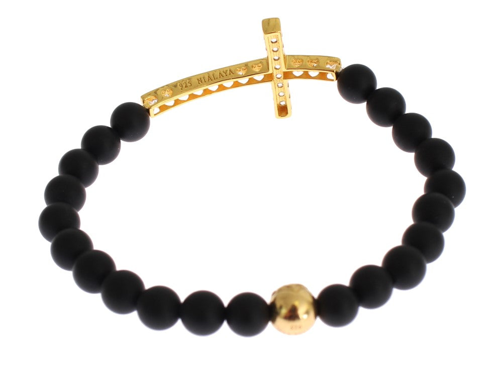 Nialaya Matte Onyx Stone Gold CZ Cross 925 Silver Bracelet $603.00 Nialaya Luzworld
