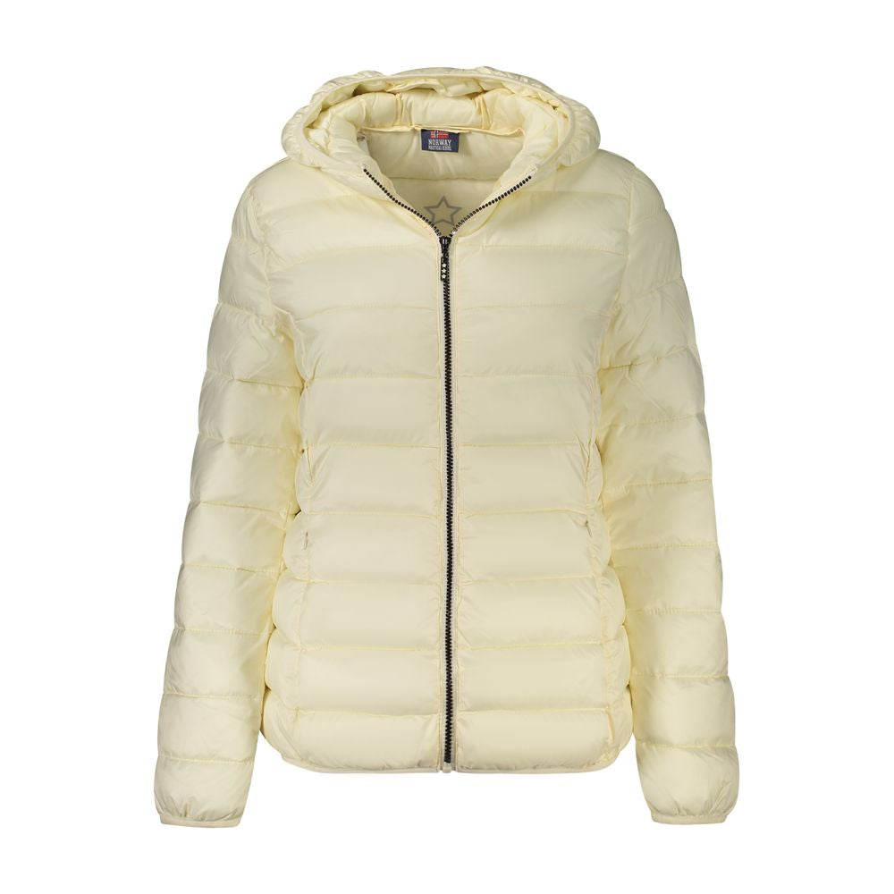 Cream-colored puffer jacket on a white background
