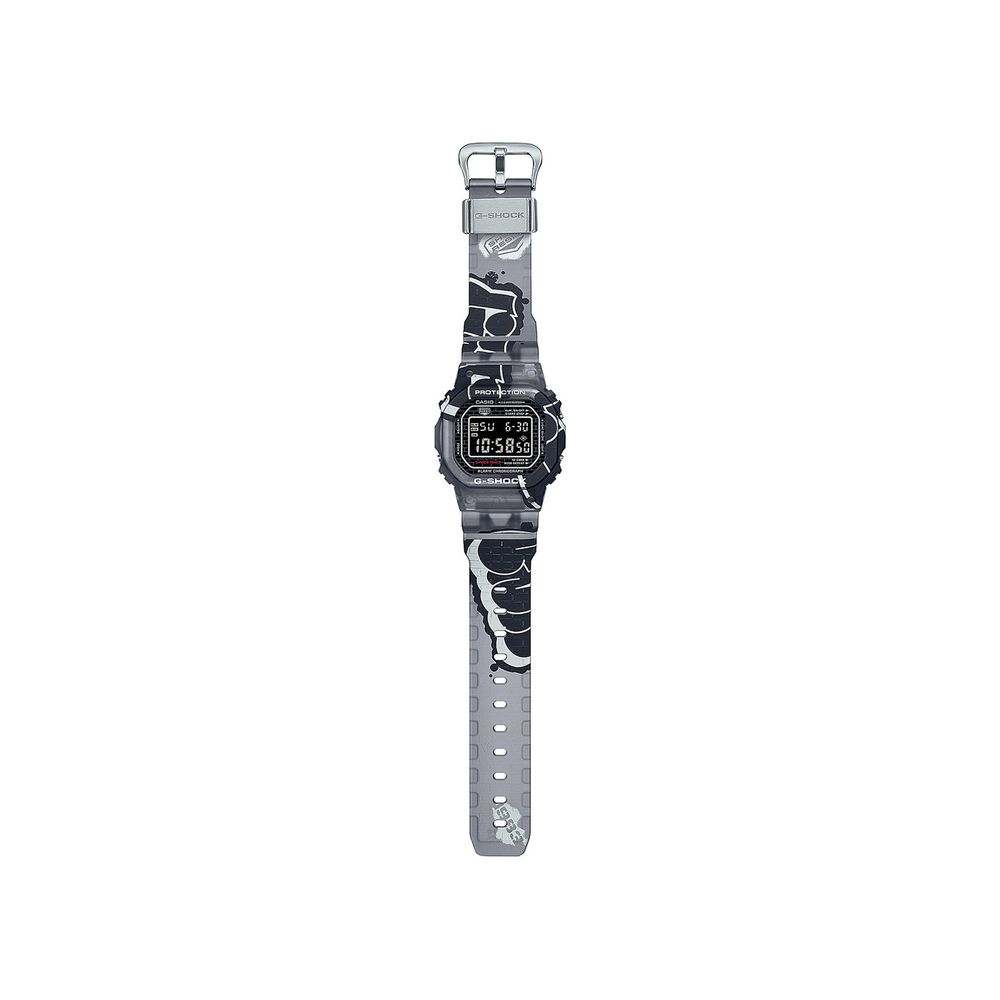 Smartwatch with a black and gray patterned band on a white background