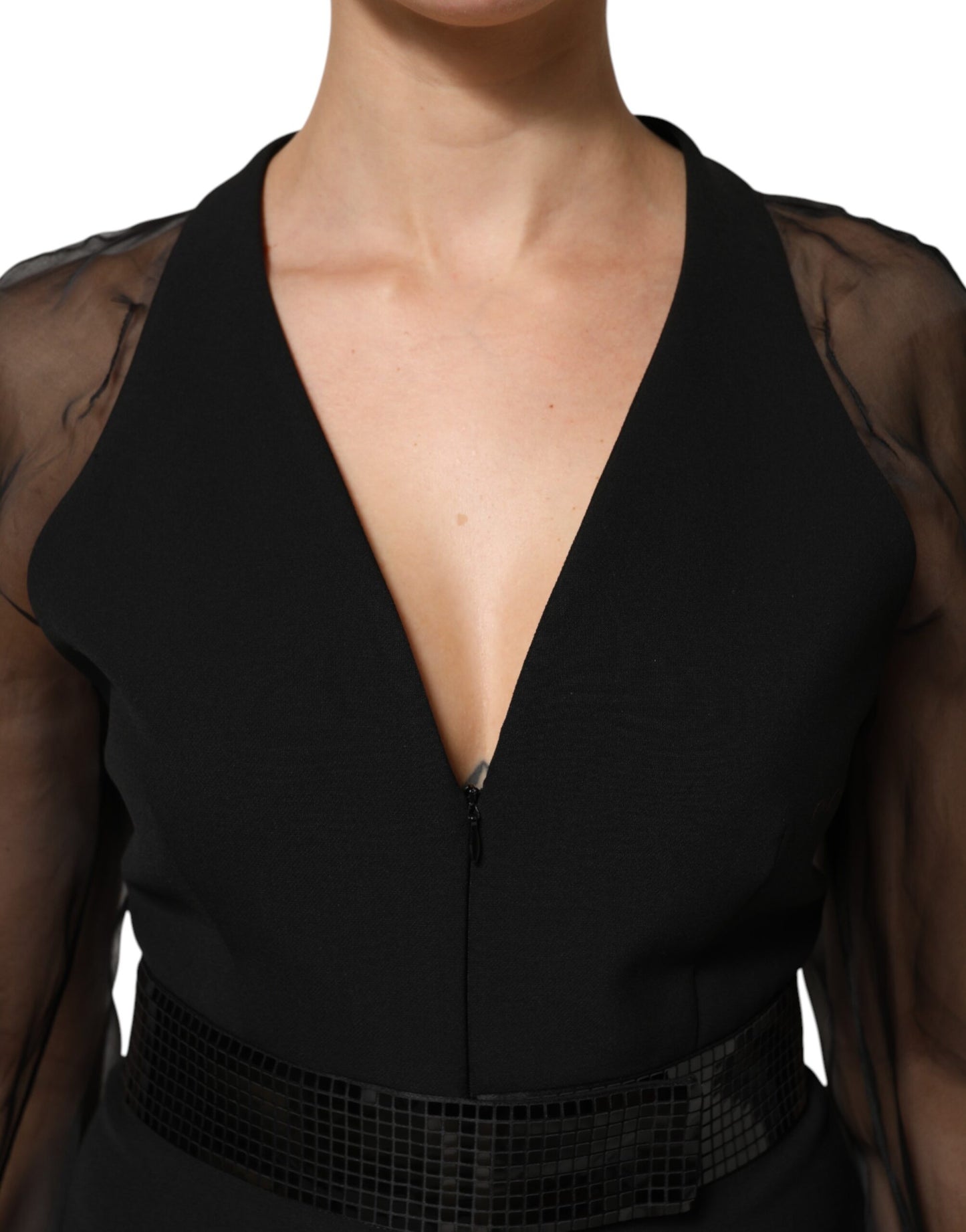 Emporio Armani Black Sheer Sleeve Belted V-Neck Mini Dress $1563.00 Emporio Armani Luzworld