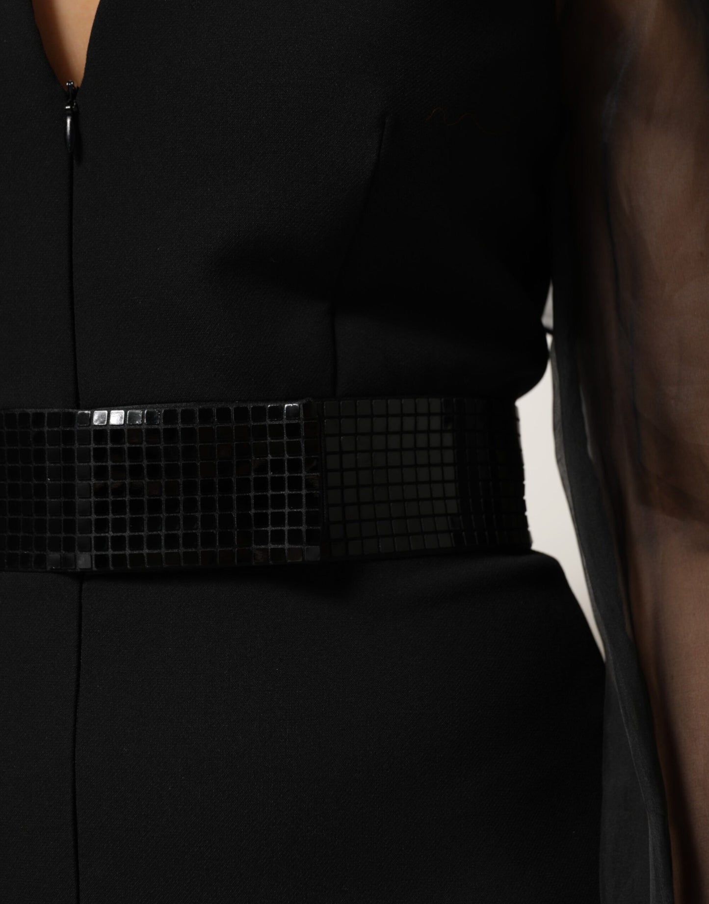 Emporio Armani Black Sheer Sleeve Belted V-Neck Mini Dress $1563.00 Emporio Armani Luzworld