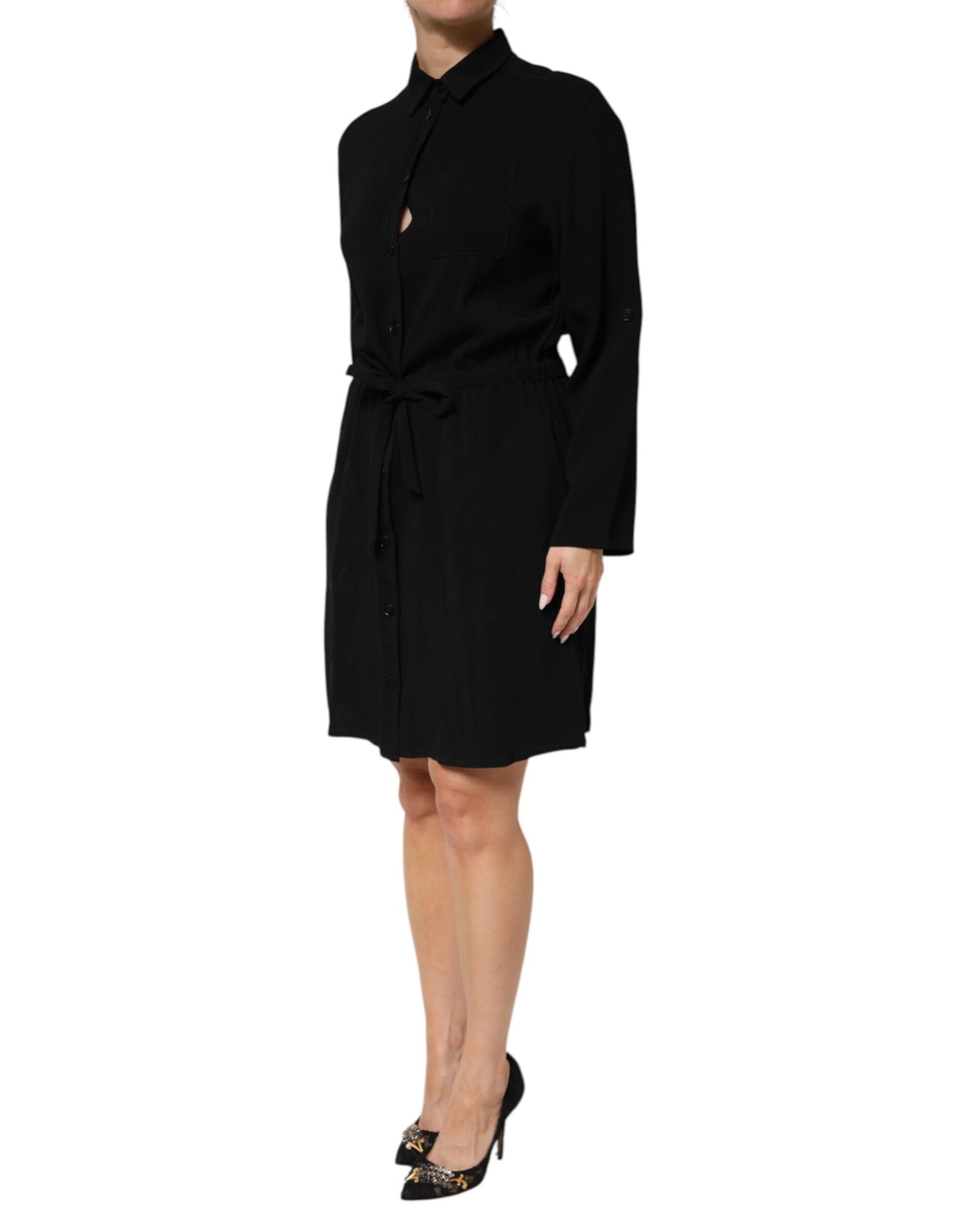 Emporio Armani Black Viscose Blend Shirt Style Belted Dress $1563.00 Emporio Armani Luzworld