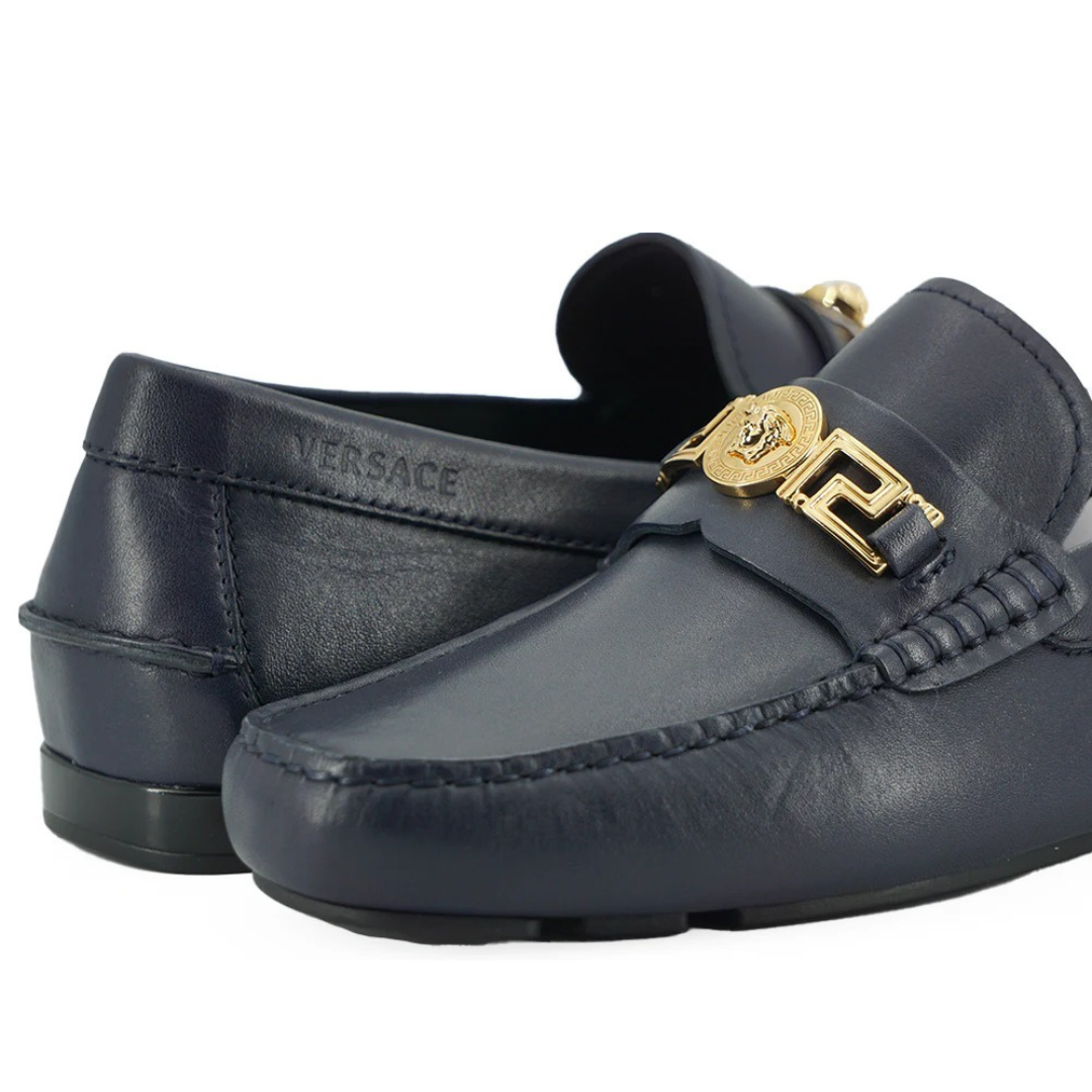 Versace Elegant Navy Blue Calf Leather Loafers $942.00 Versace Luzworld