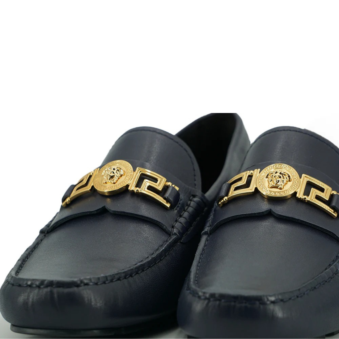 Versace Elegant Navy Blue Calf Leather Loafers $942.00 Versace Luzworld