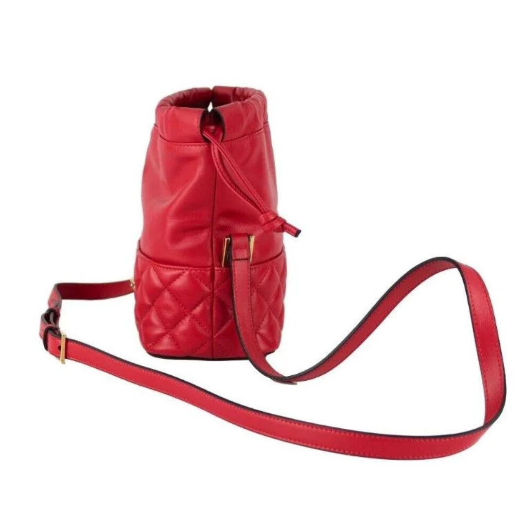 Versace Red Quilted Leather Drawstring Shoulder Bag Bucket Crossbody Handbag $1920.00 Versace Luzworld