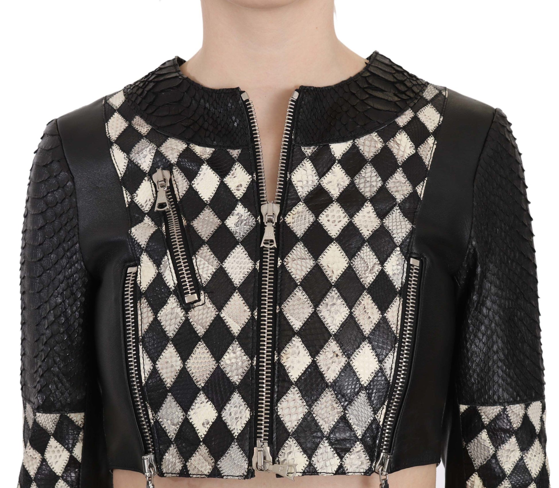 John Richmond Black White Leather Short Cropped Biker Jacket Coat $5028.00 John Richmond Luzworld