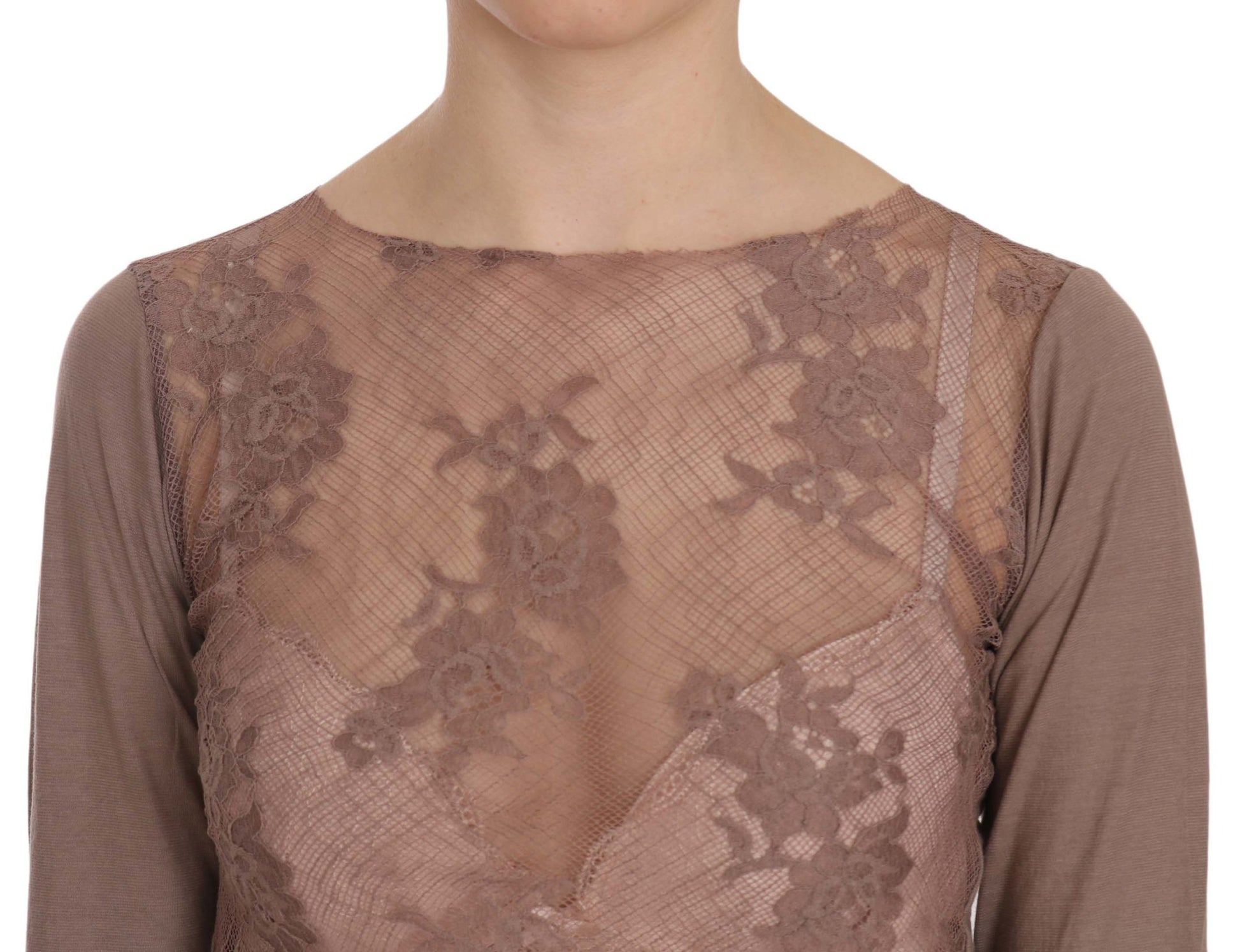 PINK MEMORIES Brown Lace See Through Long Sleeve Top $254.00 PINK MEMORIES Luzworld