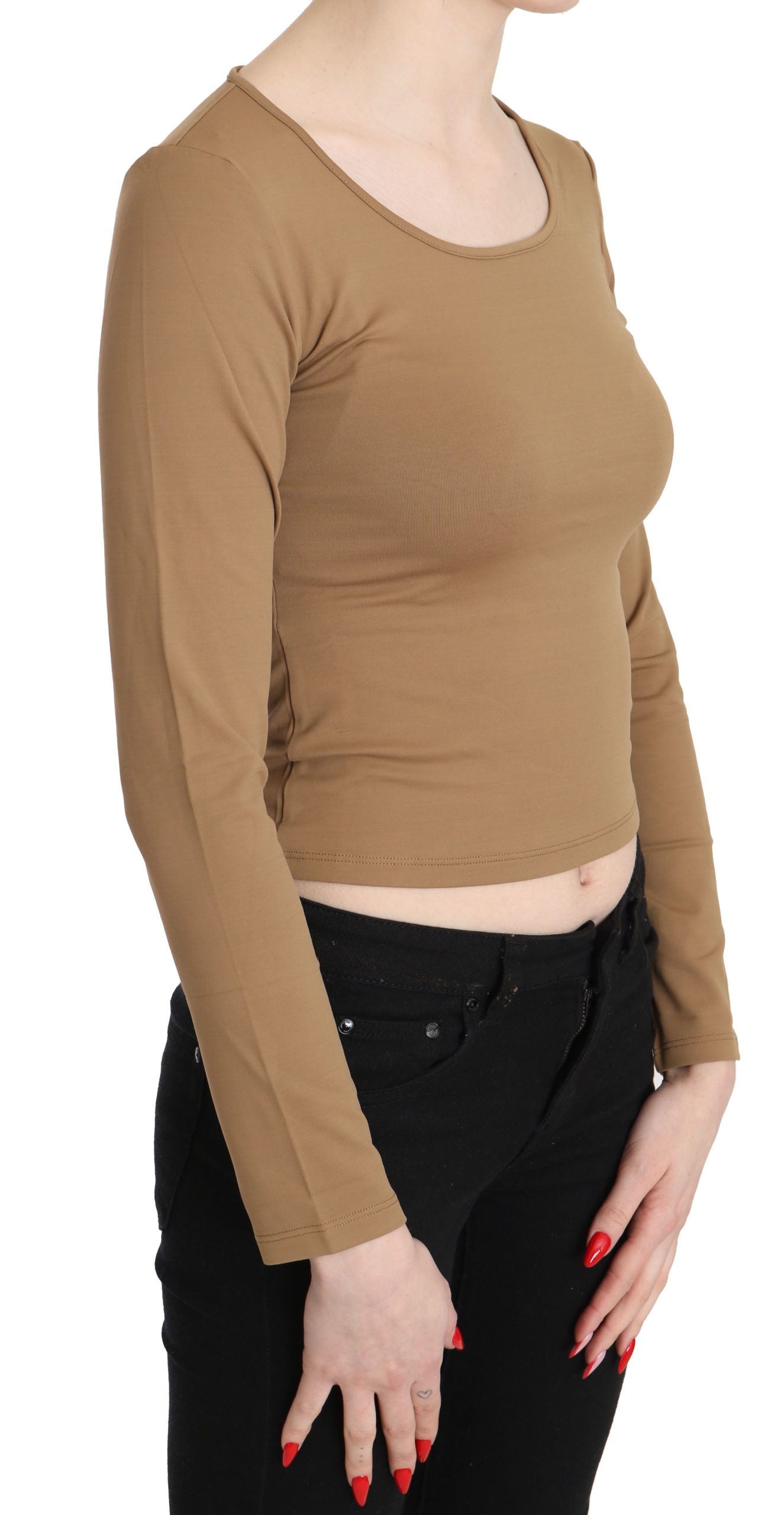 GF Ferre Brown Round Neck Long Sleeve Slim Crop Top Blouse $548.00 GF Ferre Luzworld