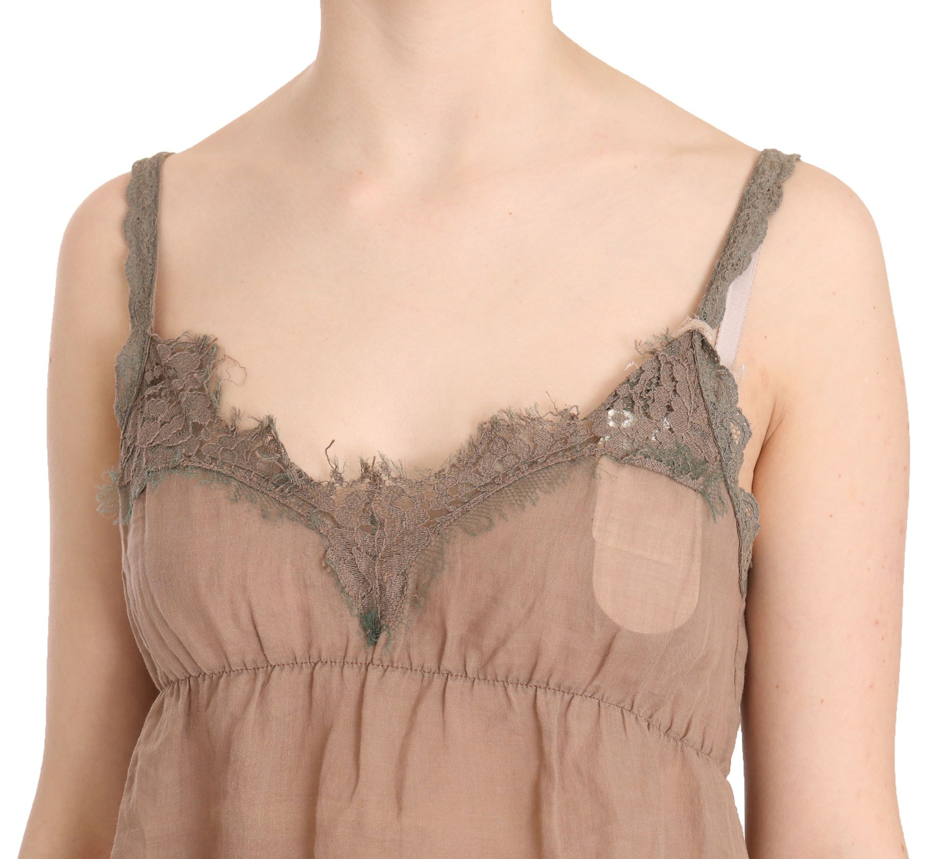 PINK MEMORIES Brown Lace Spaghetti Strap Plunging Top Blouse $153.00 PINK MEMORIES Luzworld