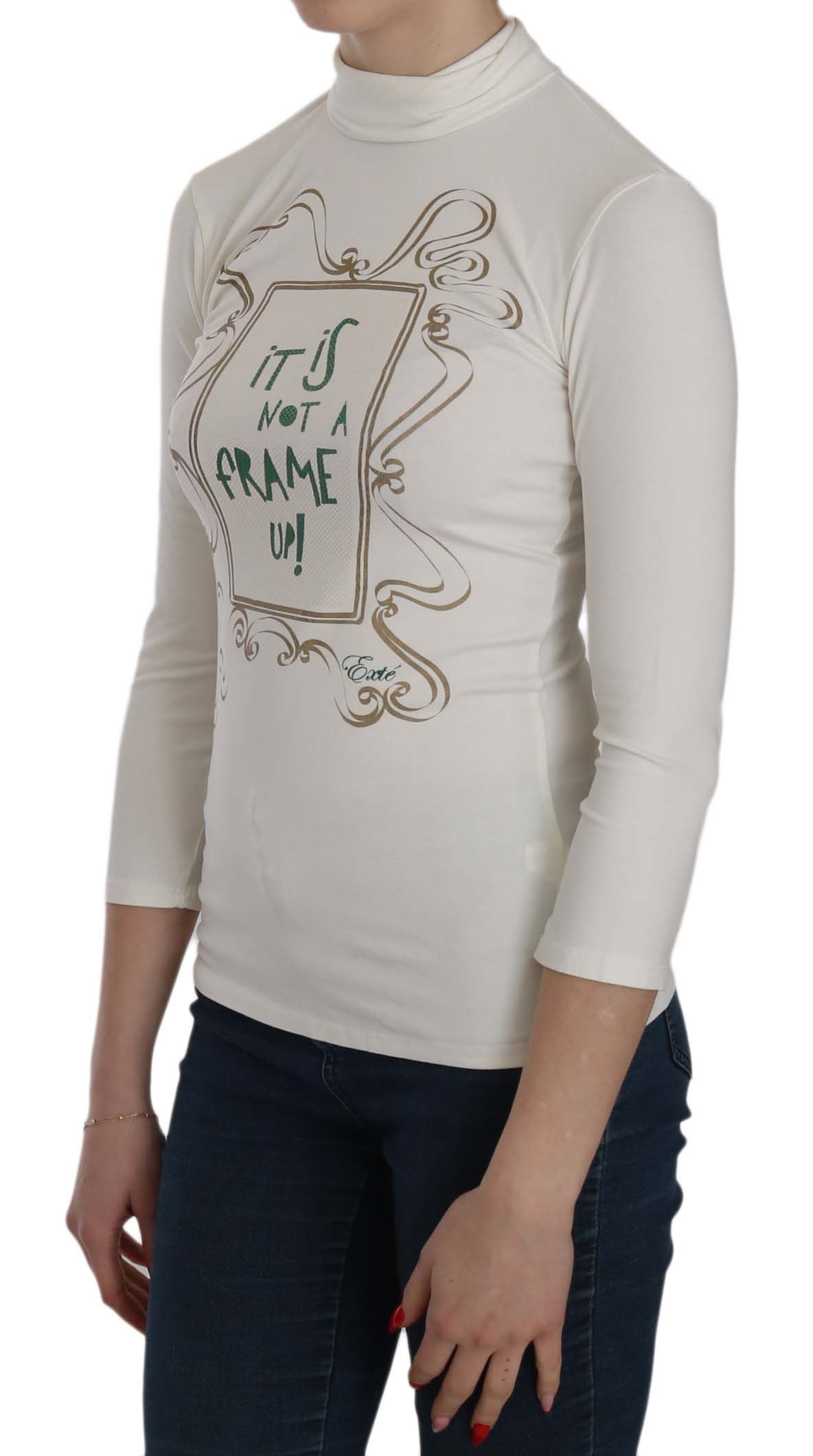 Exte White Printed Turtle Neck 3/4 Sleeve Top Cotton Blouse $172.00 Exte Luzworld
