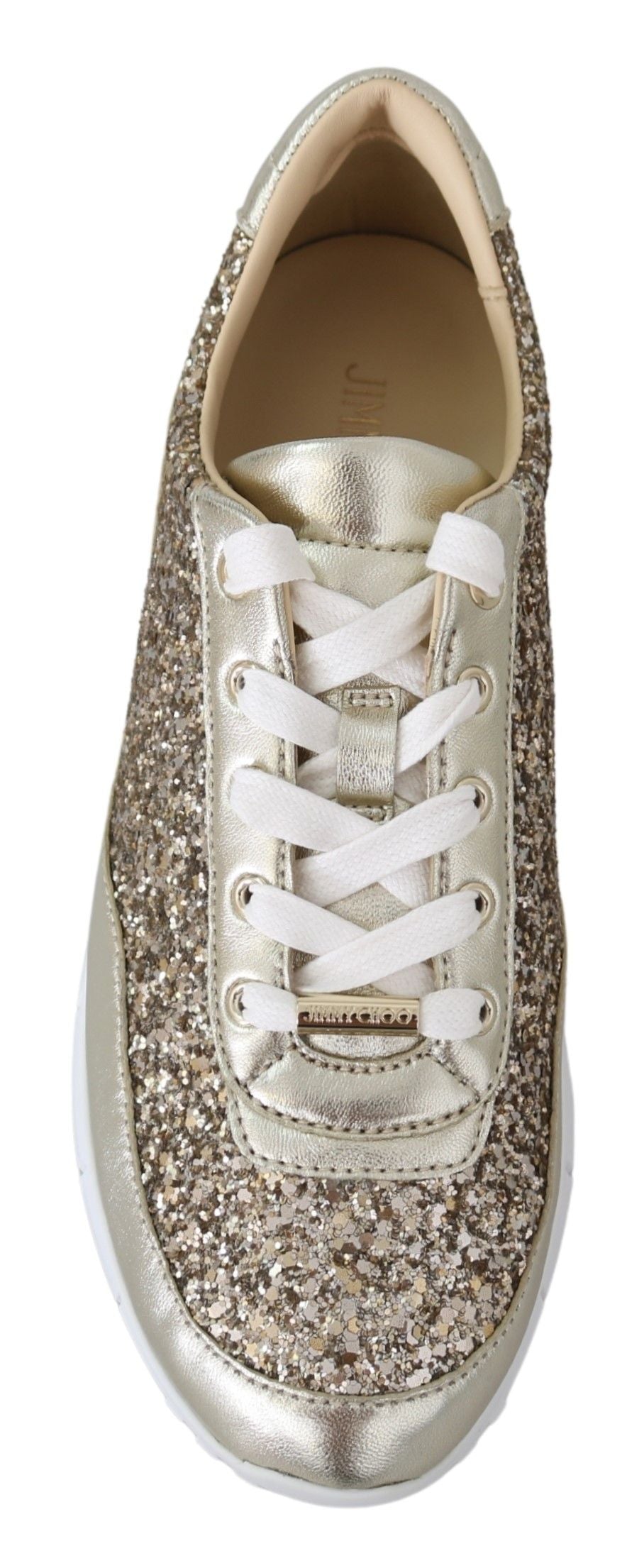 Jimmy Choo Antique Gold Glitter Leather Sneakers $987.00 Jimmy Choo Luzworld