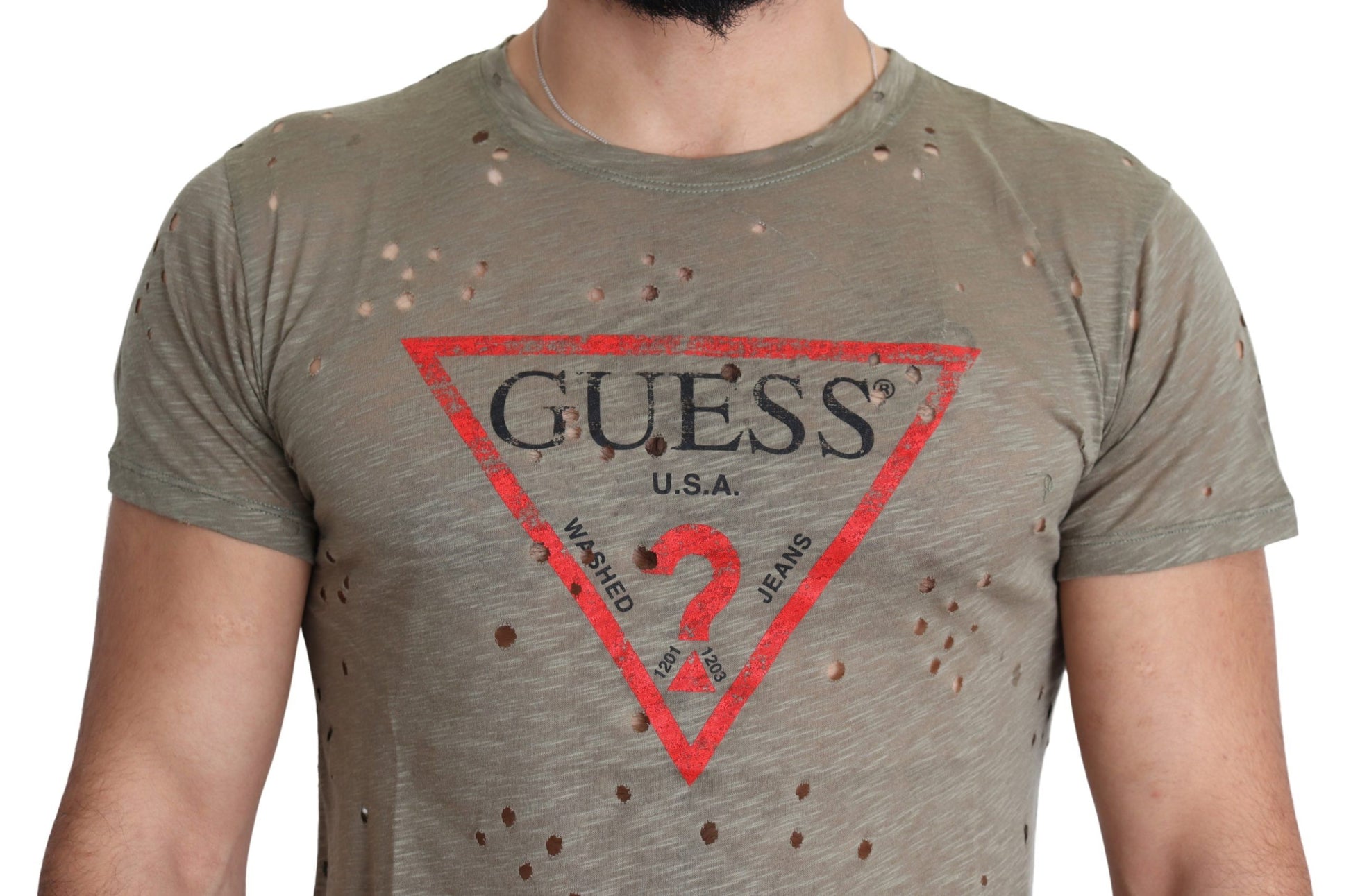 Guess Brown Cotton Stretch Logo Print Men Casual Perforated T-shirt $138.00 Guess Luzworld