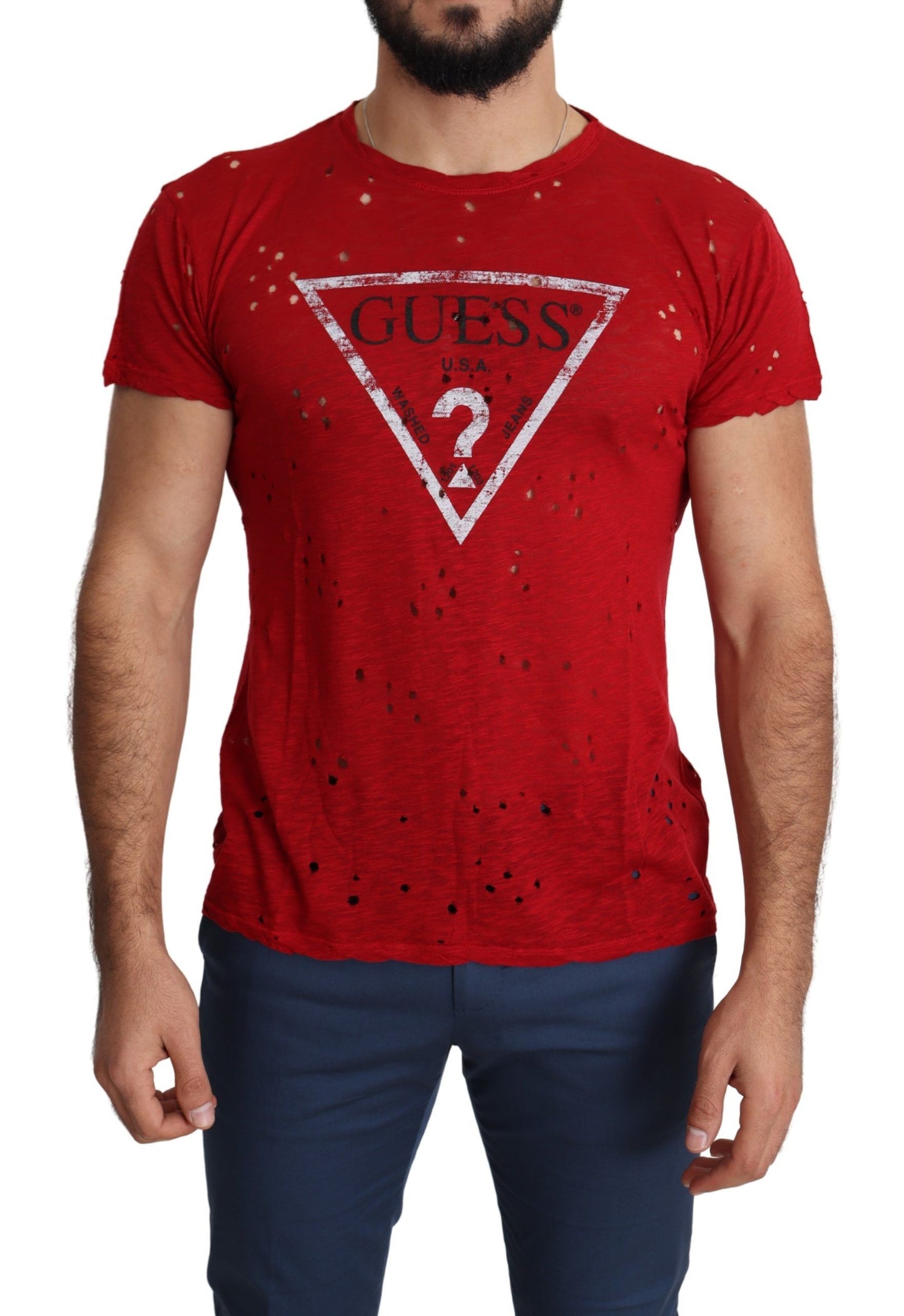Guess Red Cotton Logo Print Men Casual Top Perforated T-shirt $132.00 Guess Luzworld
