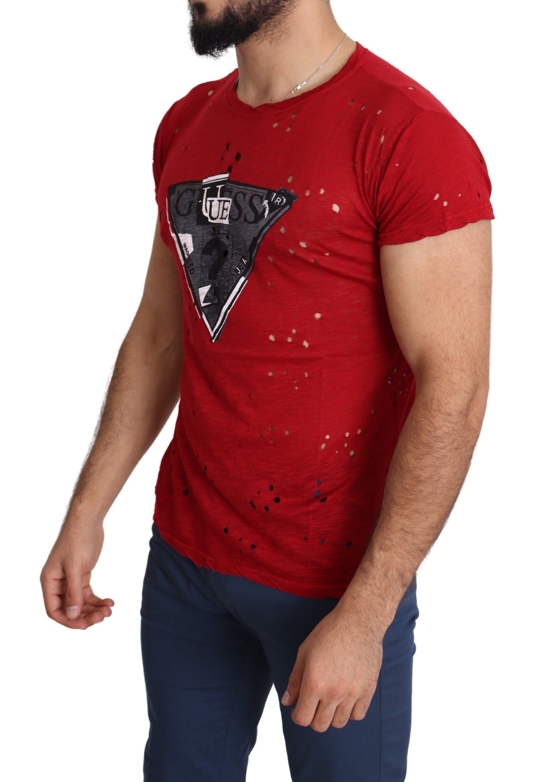 Guess Red Cotton Logo Print Men Casual Top Perforated T-shirt $132.00 Guess Luzworld