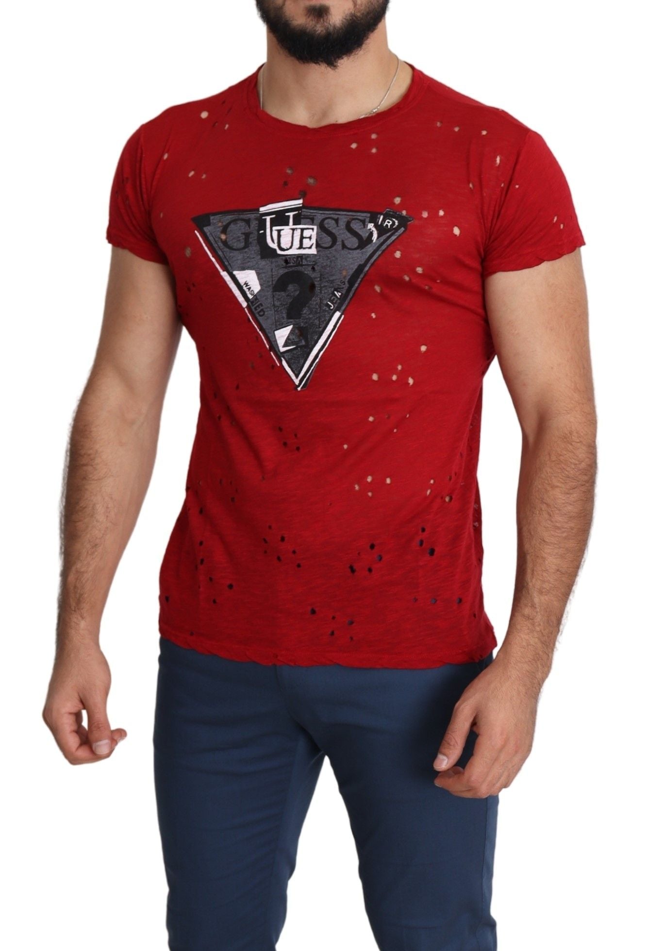Guess Red Cotton Logo Print Men Casual Top Perforated T-shirt $132.00 Guess Luzworld
