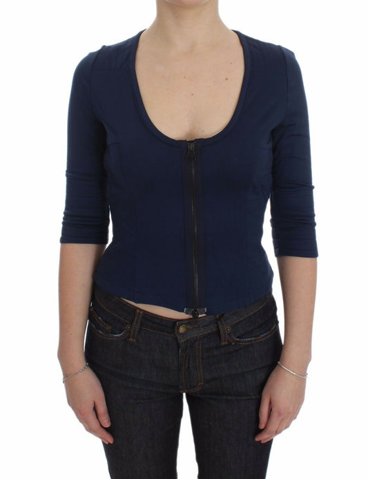 Exte Blue Cotton Top Zipper Deep Crew-neck Sweater $491.00 Exte Luzworld