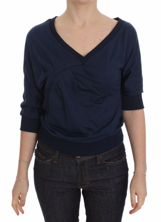 Exte Blue Cotton Top Pullover Deep V-neck Women Sweater $280.00 Exte Luzworld