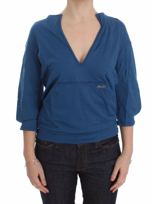 Exte Blue Cotton Top Pullover Deep V-neck Women Sweater $280.00 Exte Luzworld