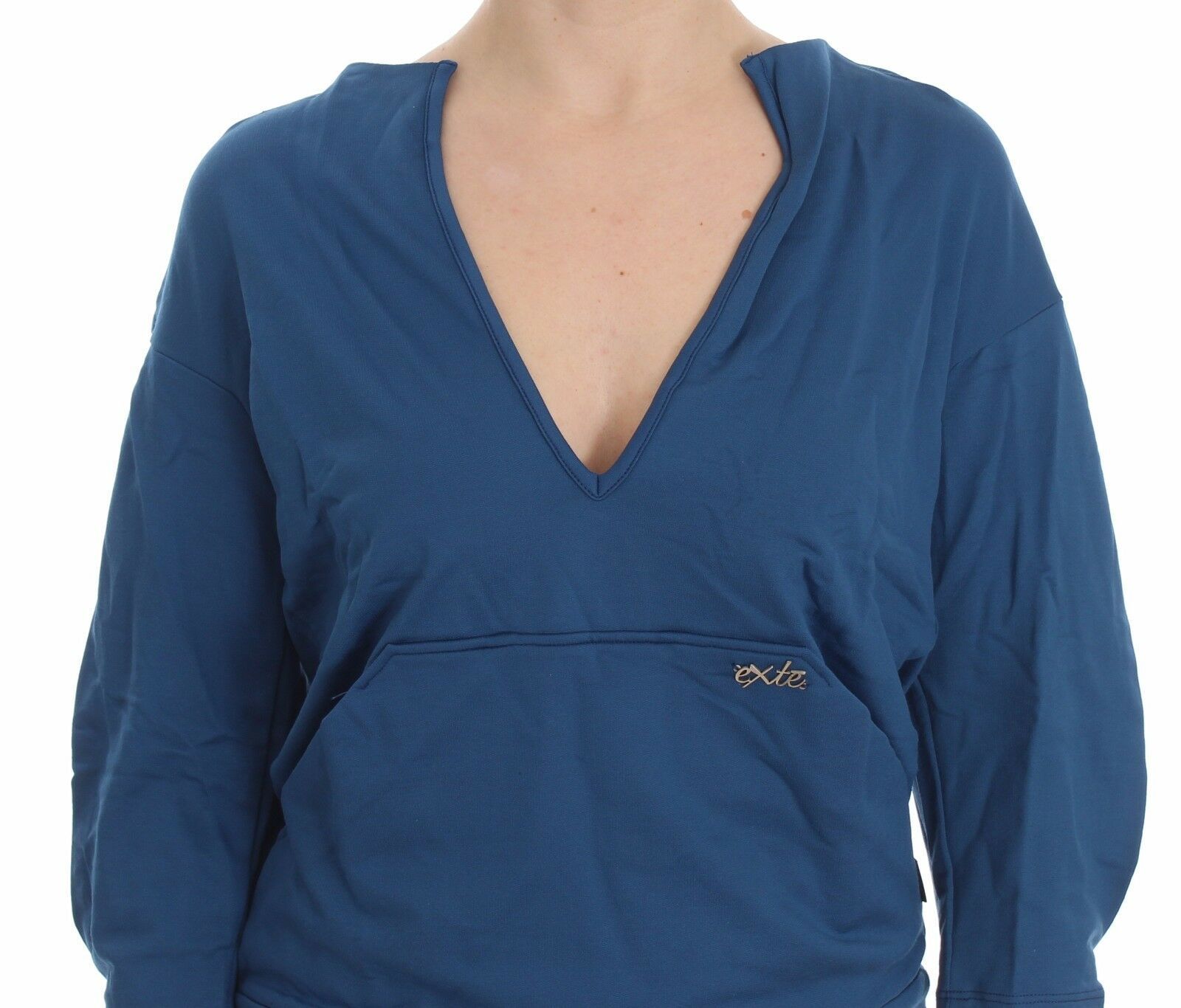 Exte Blue Cotton Top Pullover Deep V-neck Women Sweater $280.00 Exte Luzworld