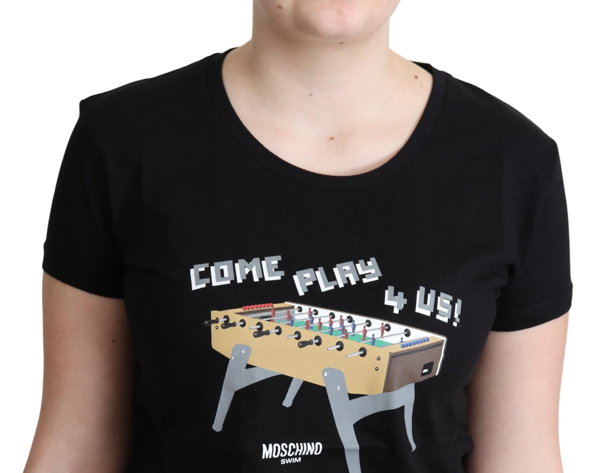 Moschino Black Cotton Come Play 4 Us Print Tops T-shirt $513.00 Moschino Luzworld