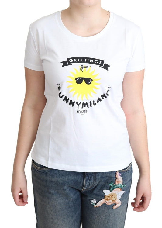 Moschino White Cotton Sunny Milano Print T-shirt $513.00 Moschino Luzworld