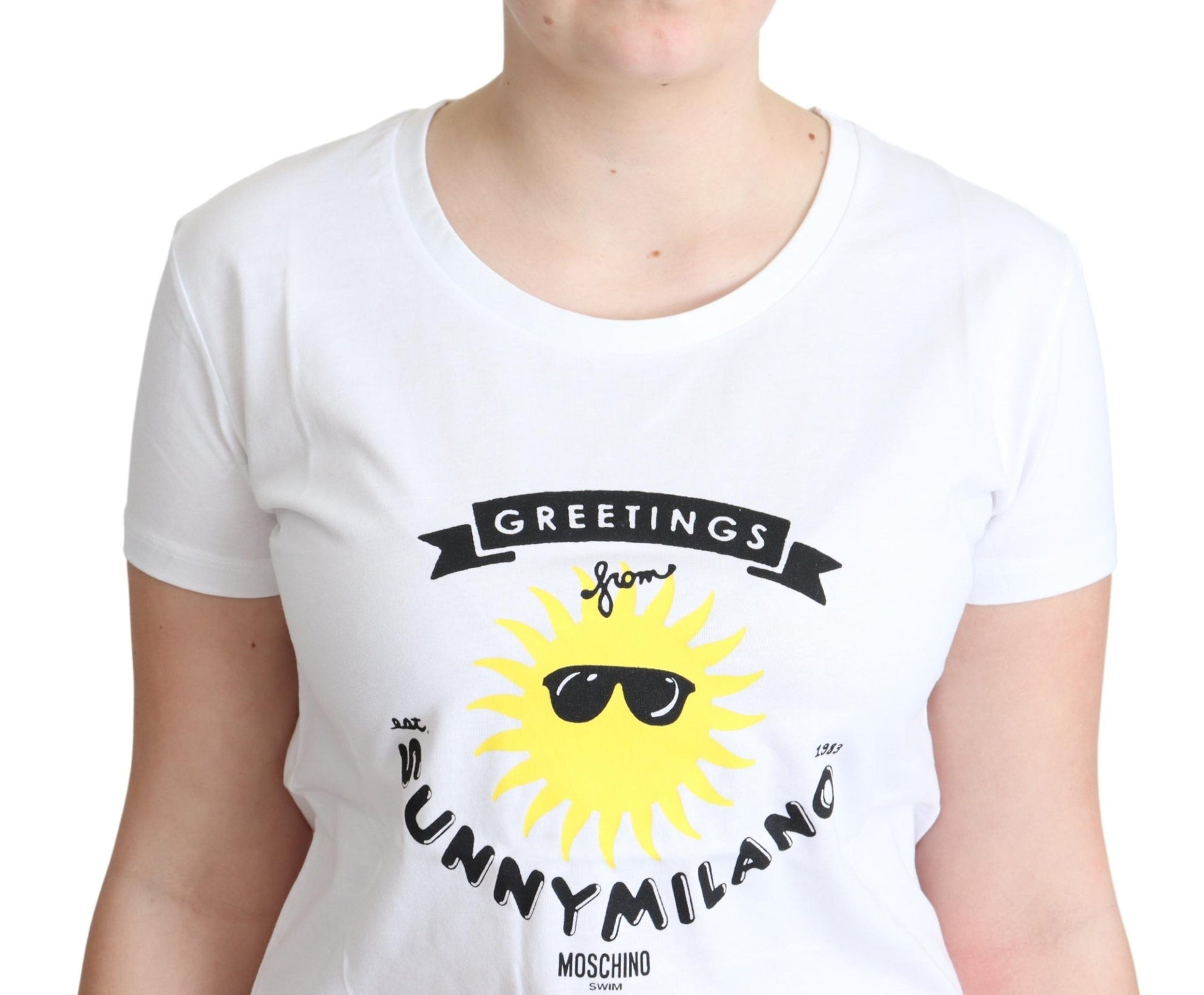 Moschino White Cotton Sunny Milano Print T-shirt $513.00 Moschino Luzworld