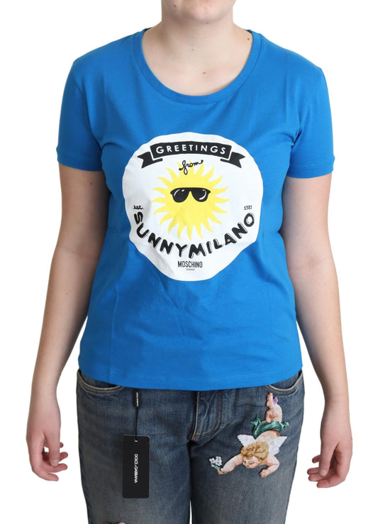 Moschino Blue Cotton Sunny Milano Print Tops T-shirt $513.00 Moschino Luzworld