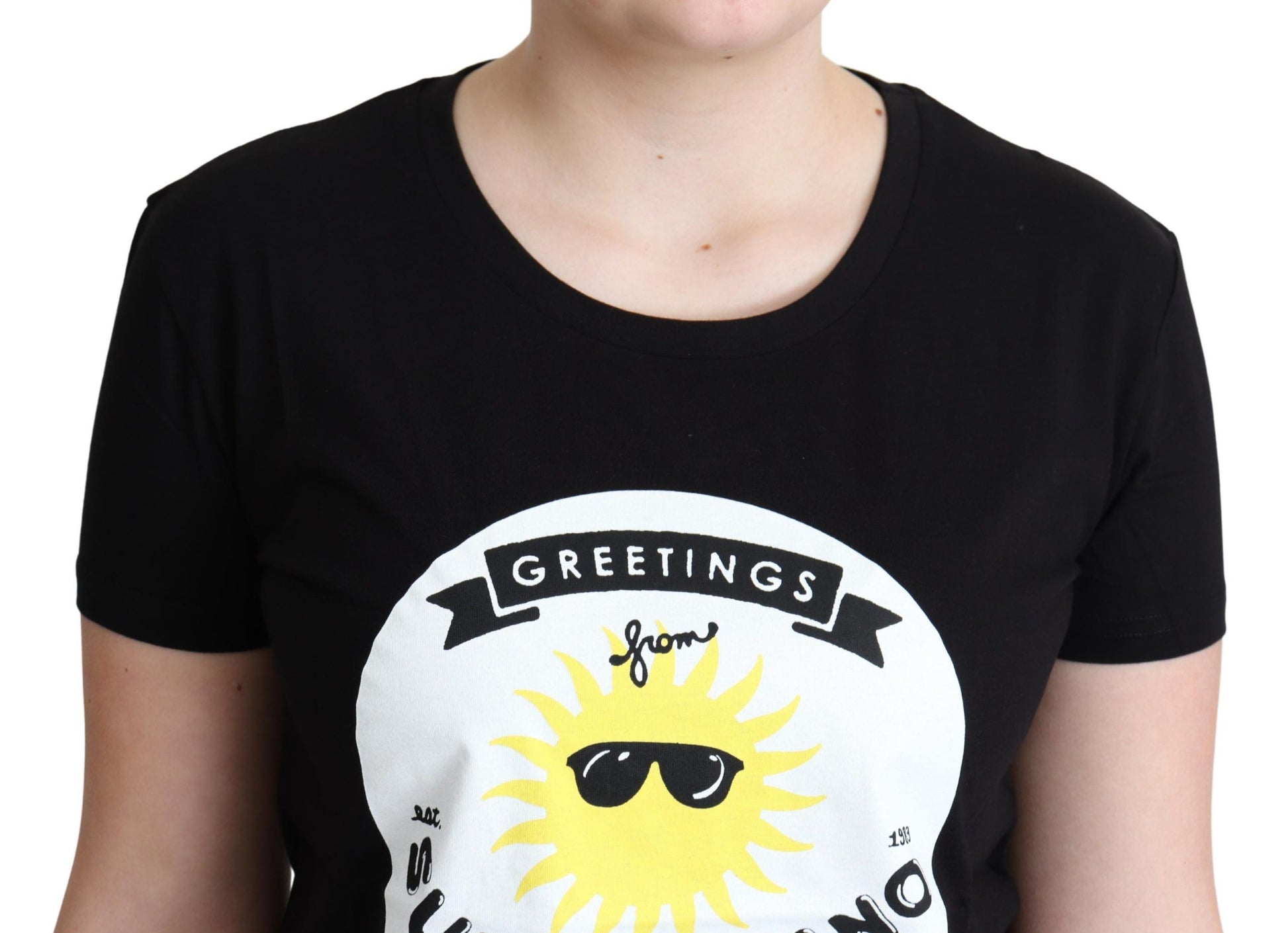 Moschino Black Cotton Sunny Milano Print T-shirt $513.00 Moschino Luzworld